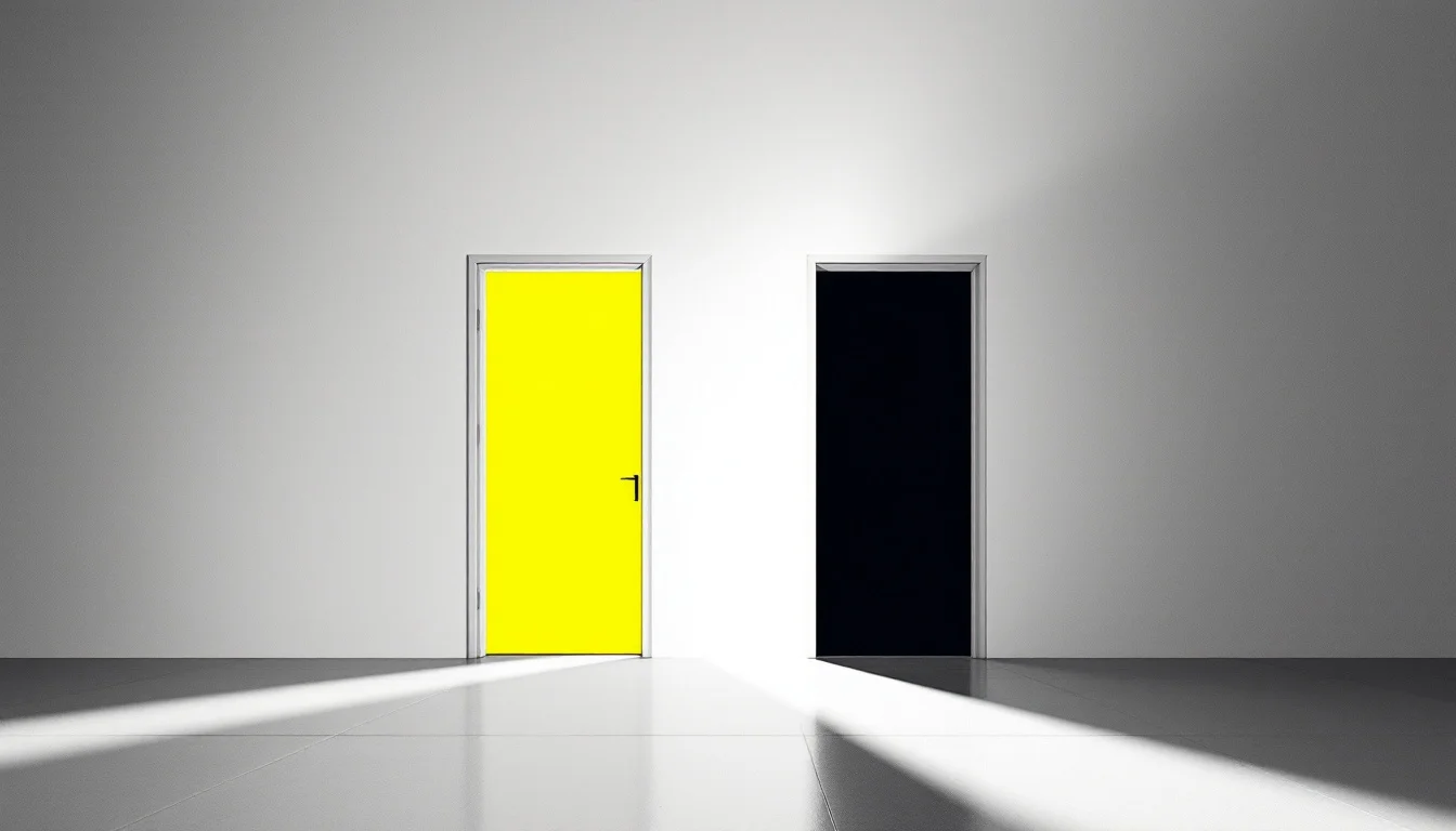 Editorial illustration: A pair of open doors facing opposite directions in stark architectural space—one leading toward warm — MonstarX