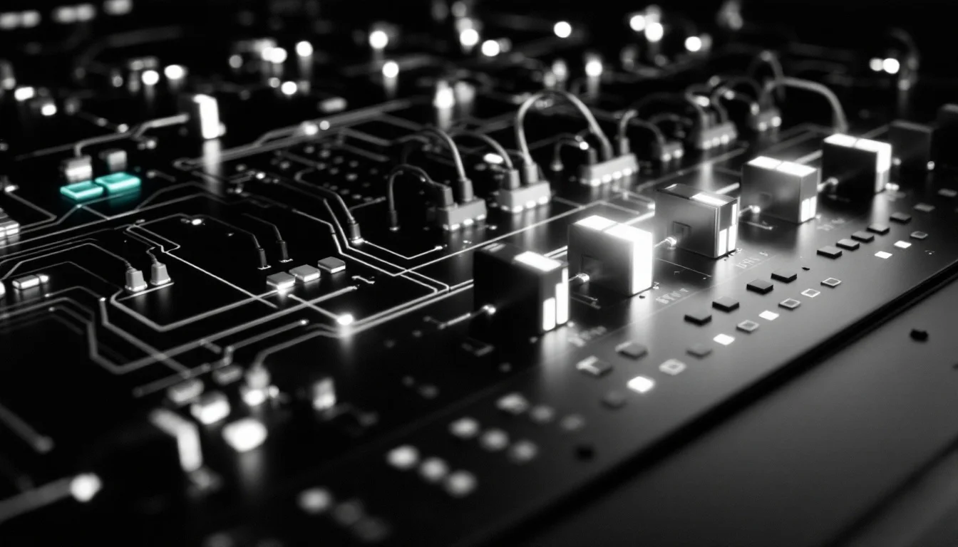 Editorial illustration: A sleek control panel or switchboard with illuminated toggles and connection points, arranged in pre — MonstarX