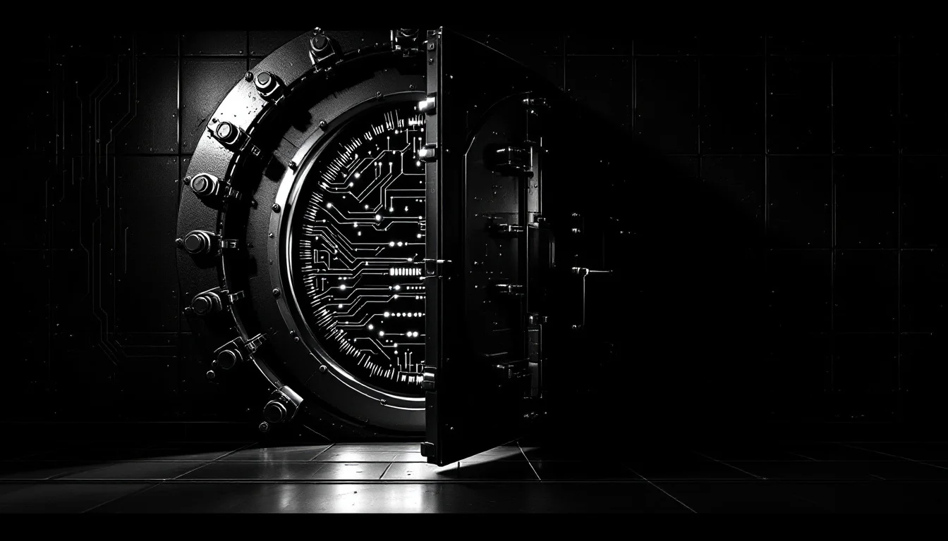 Editorial illustration: A fortified vault door standing slightly ajar, revealing interconnected server nodes or circuit path — MonstarX