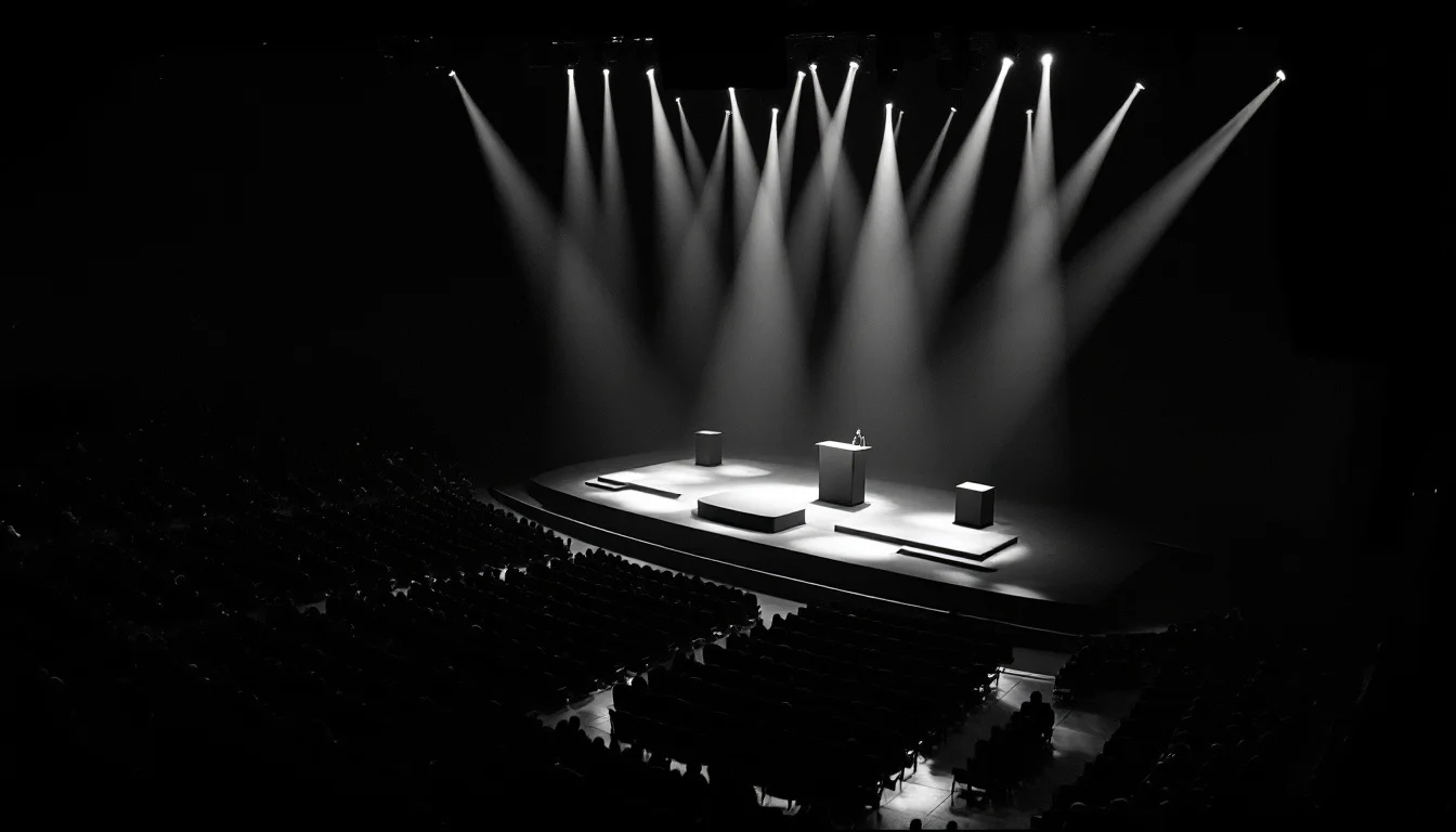 Editorial illustration: A conference stage viewed from above, with multiple spotlight beams cutting through darkness—some il — MonstarX