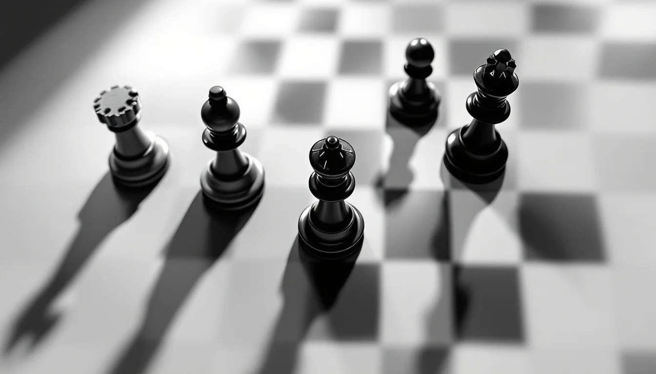 Editorial illustration: A chess board mid-game with three distinct pieces positioned at opposing angles—each representing a  — MonstarX