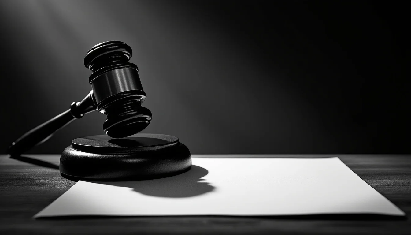 Editorial illustration: A gavel resting on an empty desk beside a blank document or unsigned form, shot in stark black-and-w — MonstarX