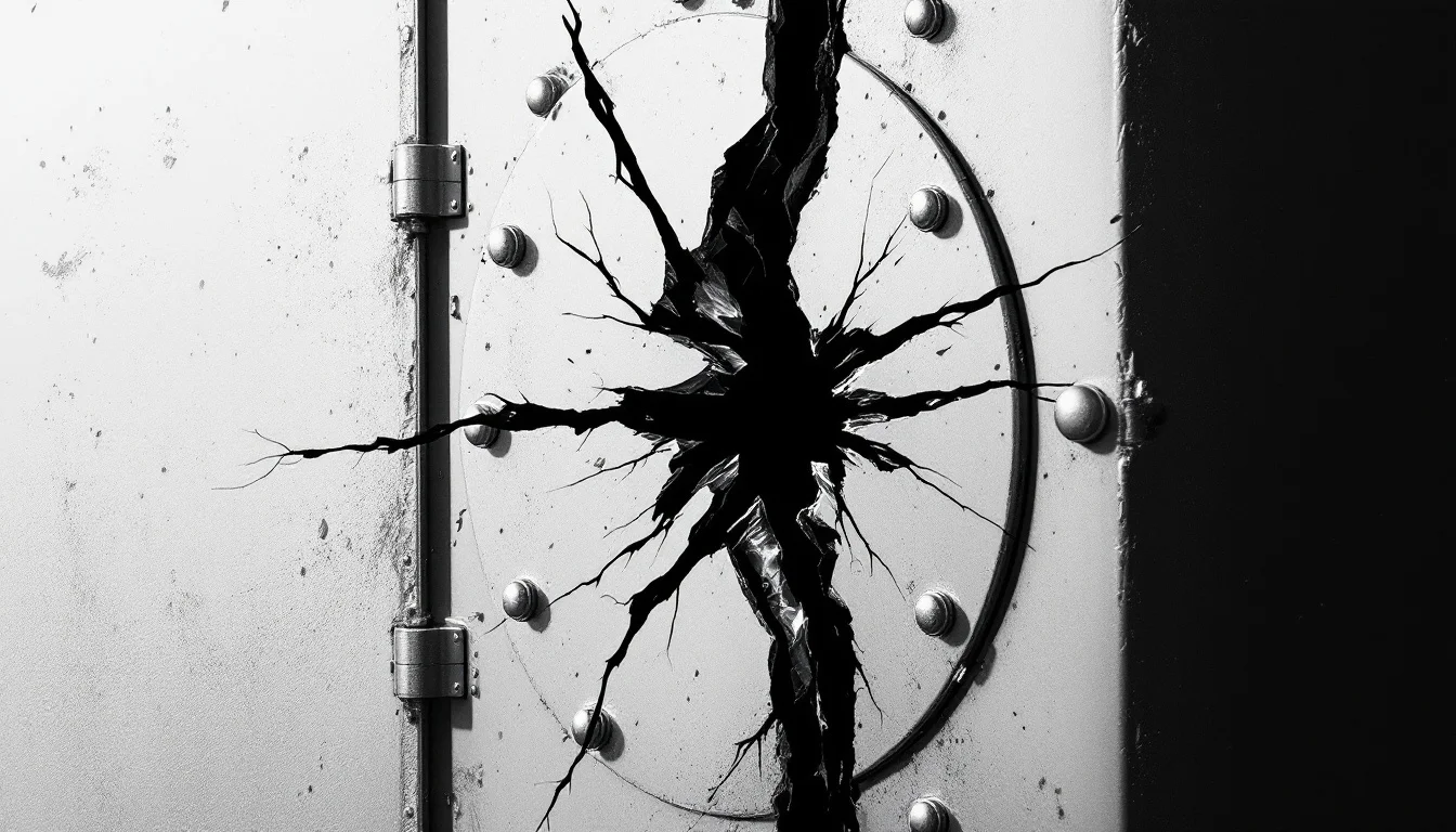 Editorial illustration: A locked vault door or security checkpoint with a visible breach—a crack spreading across reinforced — MonstarX