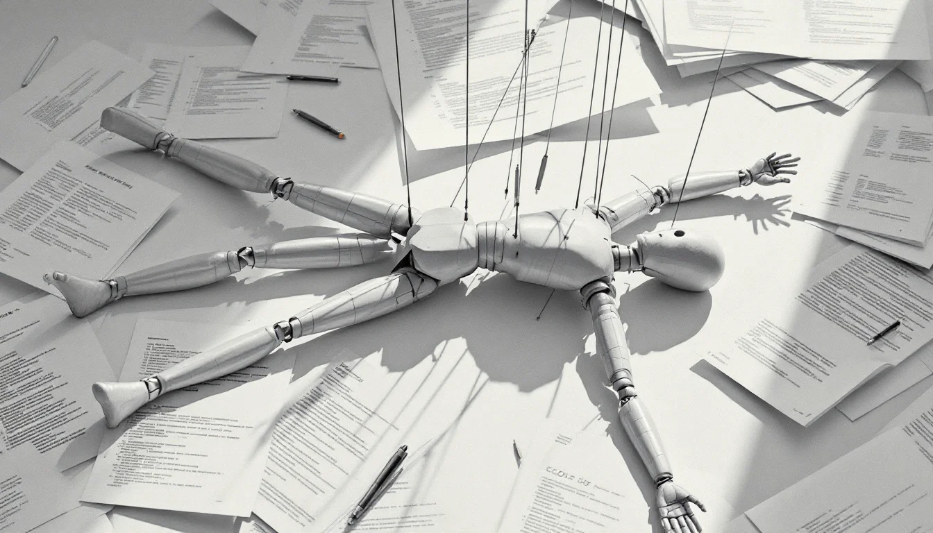 Editorial illustration: A marionette with severed strings lying across a desk scattered with printed logs and error reports, — MonstarX