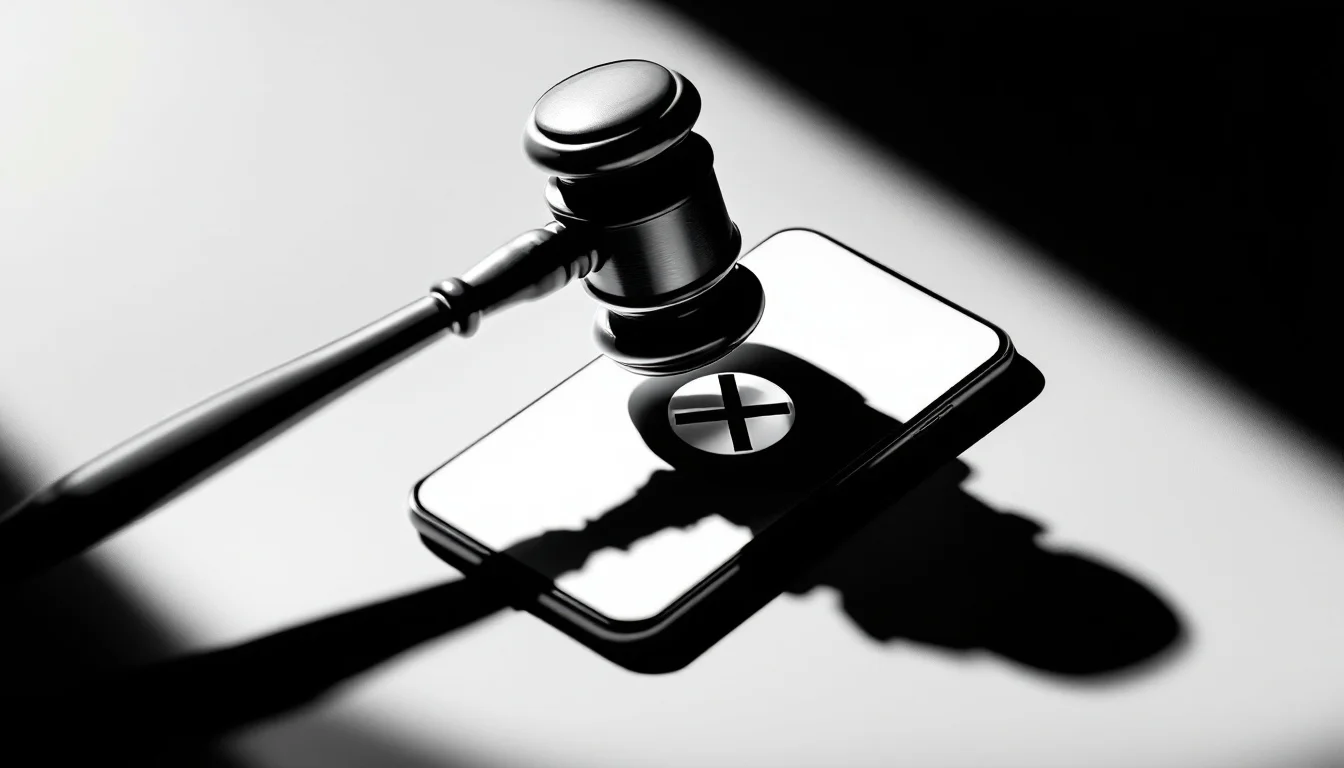 Editorial illustration: A gavel striking down on a smartphone screen displaying a blocked or crossed-out application icon, c — MonstarX