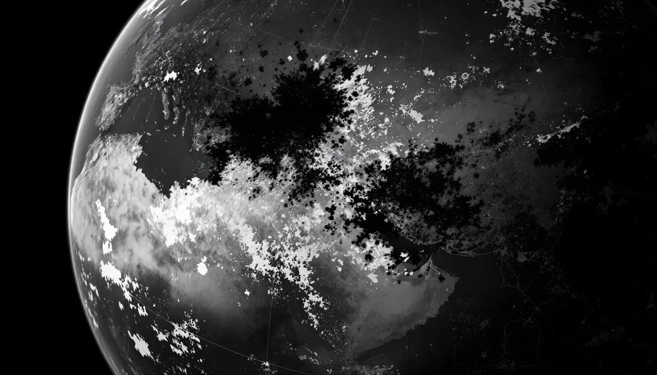 Editorial illustration: A satellite map or globe with a section hastily erased or obscured—a smudged area where detail has b — MonstarX