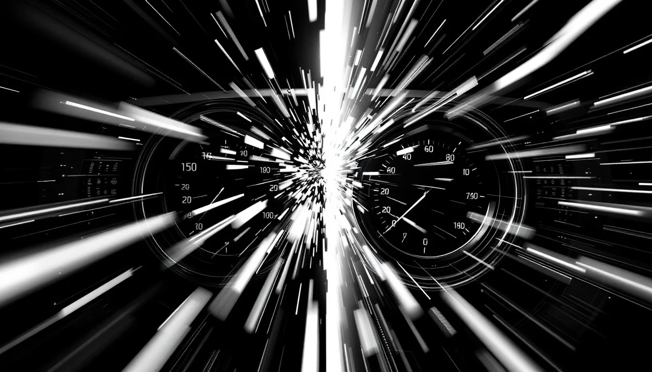 Editorial illustration: A split or divided control panel or dashboard photographed from above, with one side's instruments r — MonstarX