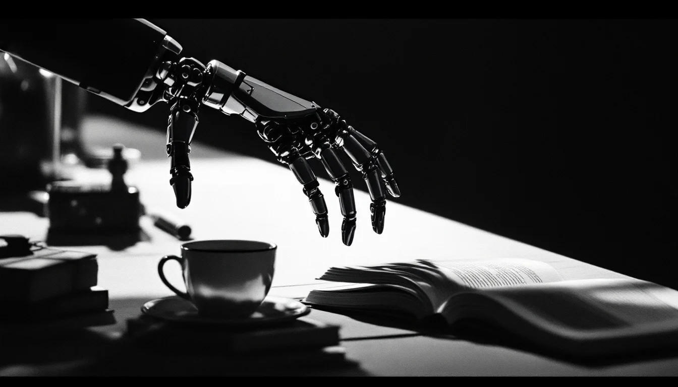 Editorial illustration: A robotic arm with articulated fingers hovering above a tabletop object—a coffee cup, a doorknob, a  — MonstarX