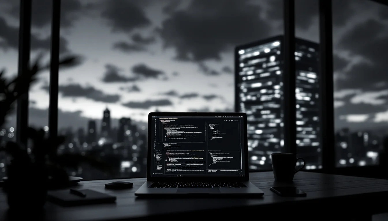 Editorial illustration: A developer's workstation at dusk, with a laptop screen glowing softly in the foreground displaying  — MonstarX