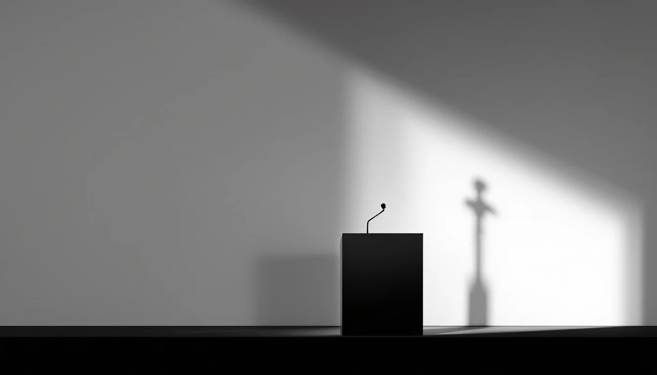 Editorial illustration: A podium or lectern positioned against a stark backdrop, with a single microphone casting a sharp sh — MonstarX