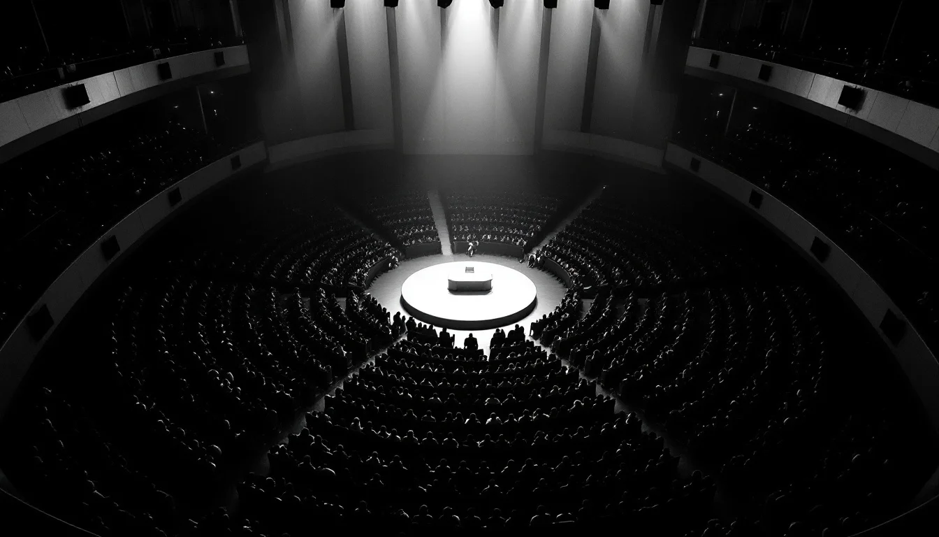 Editorial illustration: A crowded lecture hall or auditorium seen from above, hundreds of empty seats arranged in concentric — MonstarX