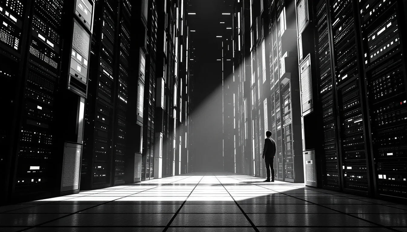 Editorial illustration: A vast library of server racks or database towers receding into dramatic shadow, with a single illum — MonstarX