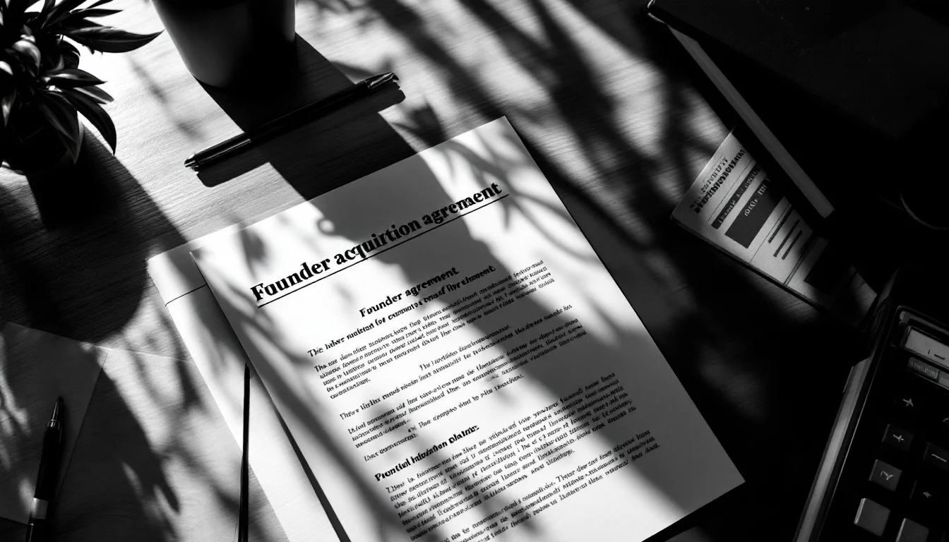 Editorial illustration: A founder's desk viewed from above, showing a signed acquisition agreement being placed atop an earl — MonstarX