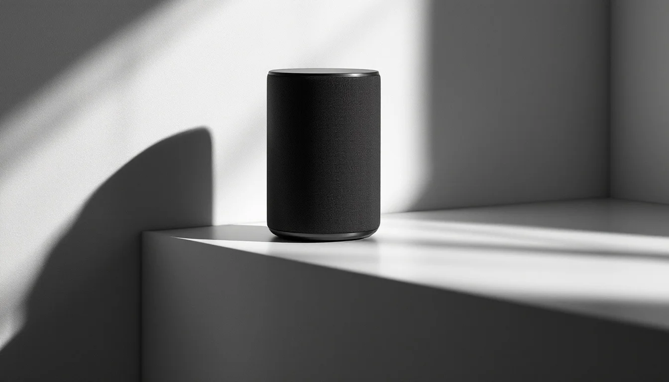 Editorial illustration: A sleek, cylindrical speaker positioned on a minimalist surface, photographed from a slight angle to — MonstarX