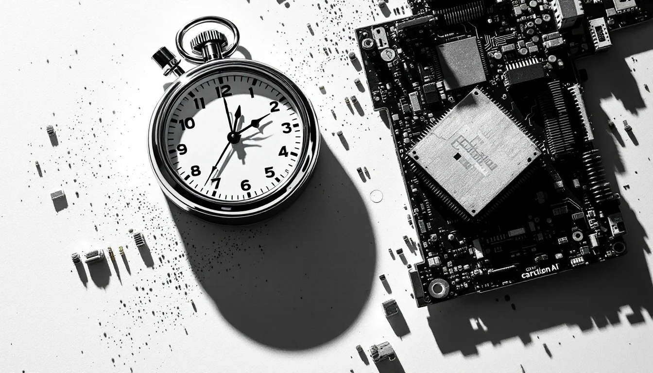 Editorial illustration: A laboratory stopwatch frozen mid-tick beside a half-assembled circuit board or computer motherboard — MonstarX