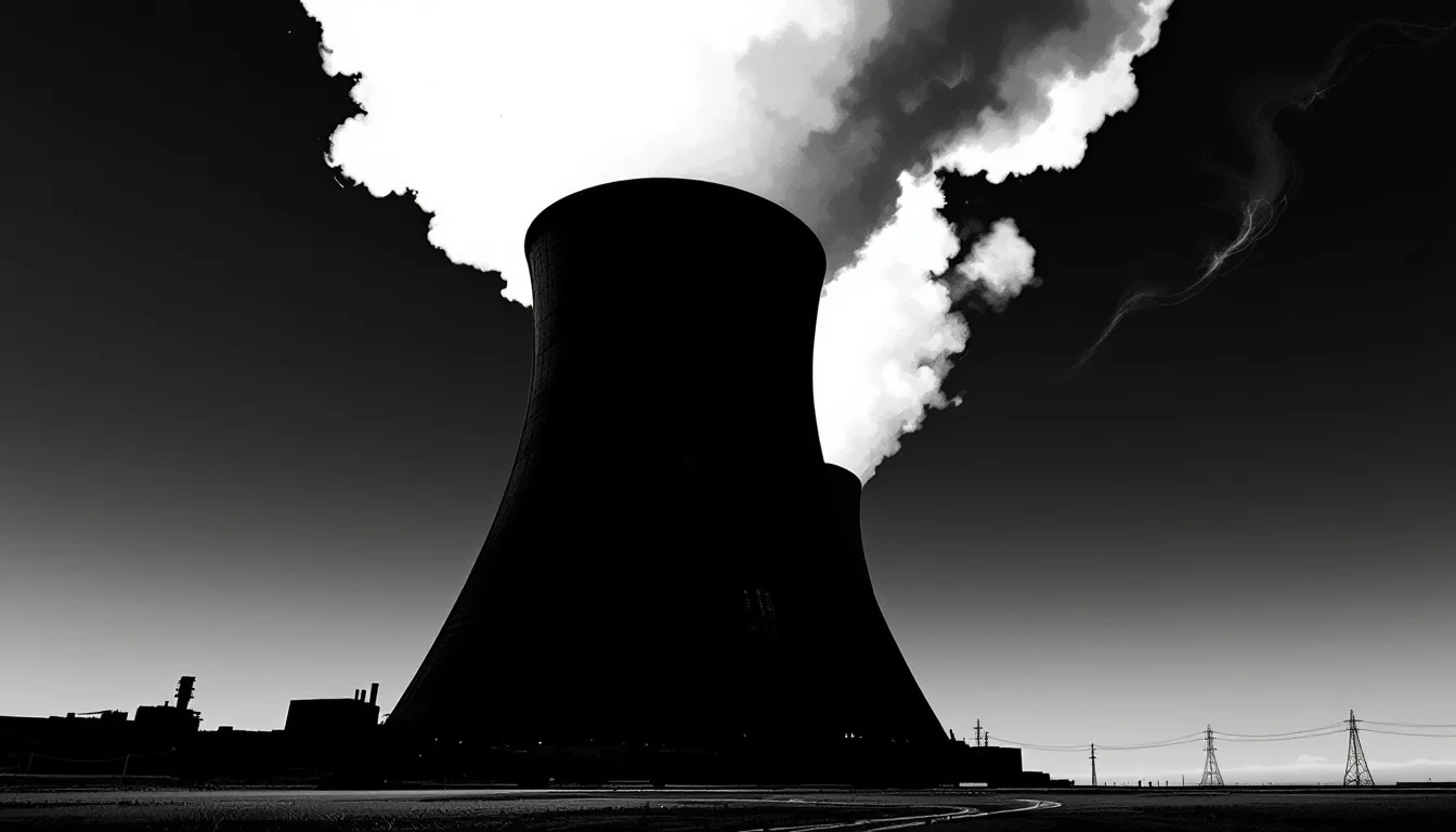 Editorial illustration: A massive industrial cooling tower or exhaust stack rising against a dark sky, its scale emphasized  — MonstarX