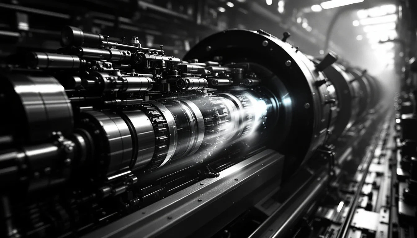 Editorial illustration: A ship's engine room or industrial assembly line in cross-section, with gleaming pistons and gears m — MonstarX