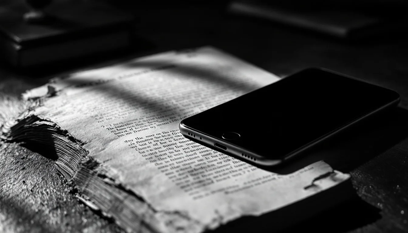 Editorial illustration: A worn paperback science fiction novel lies open on a desk beside a sleek smartphone or tablet, the  — MonstarX