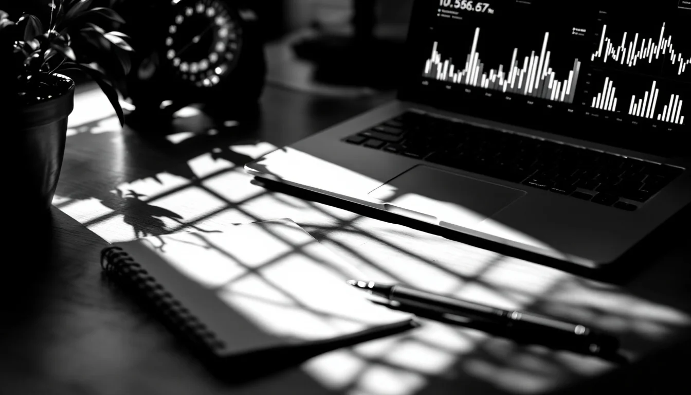 Editorial illustration: A close-up of a desktop workspace with an open laptop displaying an analytics dashboard—glowing char — MonstarX