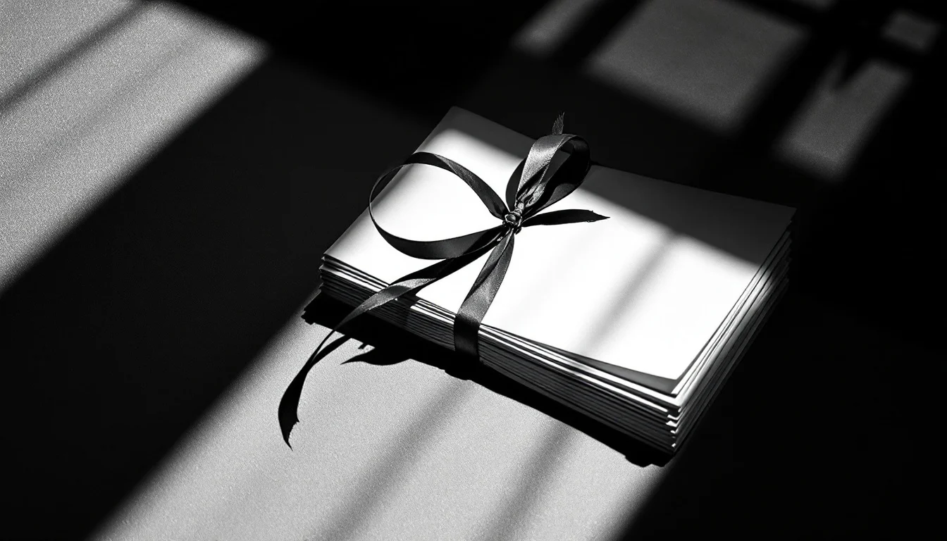 Editorial illustration: A stack of stock certificates or share documents bound with a ribbon, photographed from above agains — MonstarX