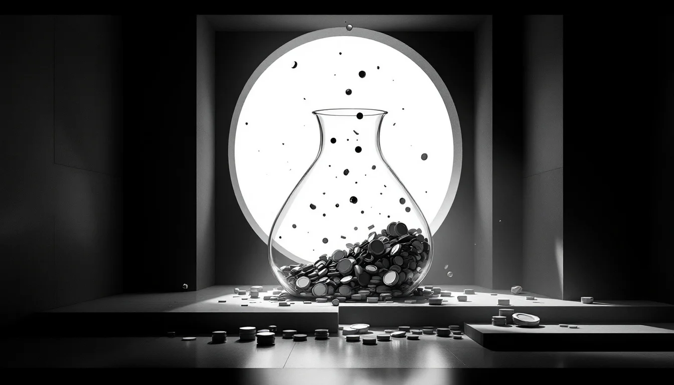 Editorial illustration: A filled investment vessel or container—perhaps a glass beaker or architectural vault—captured at th — MonstarX