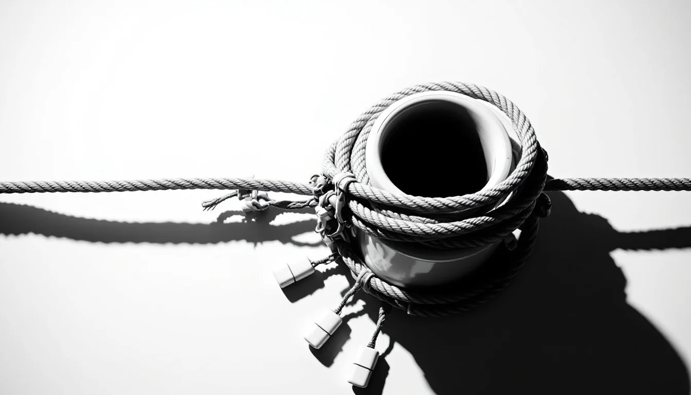 Editorial illustration: A taut rope or harness wrapped around a cylindrical container or vessel, photographed from above wit — MonstarX