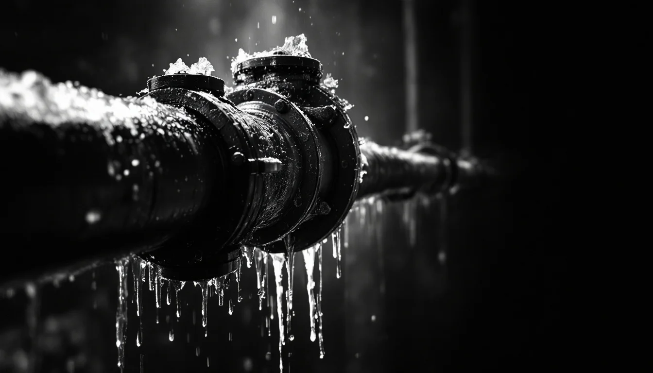 Editorial illustration: A natural gas pipeline valve in mid-turn, frozen at the moment of closure, with condensation or fros — MonstarX