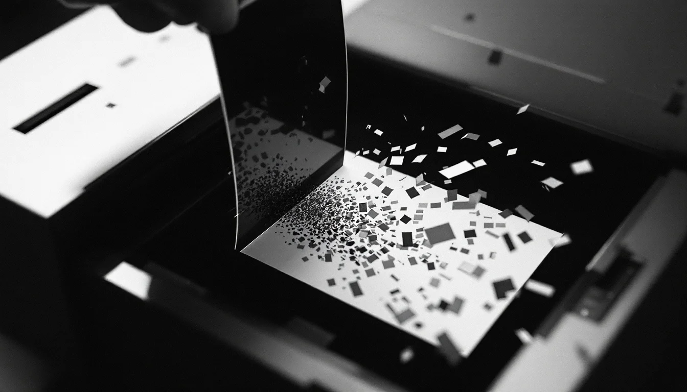 Editorial illustration: A photograph or negative being fed into or emerging from a machine—perhaps a scanner or processing d — MonstarX