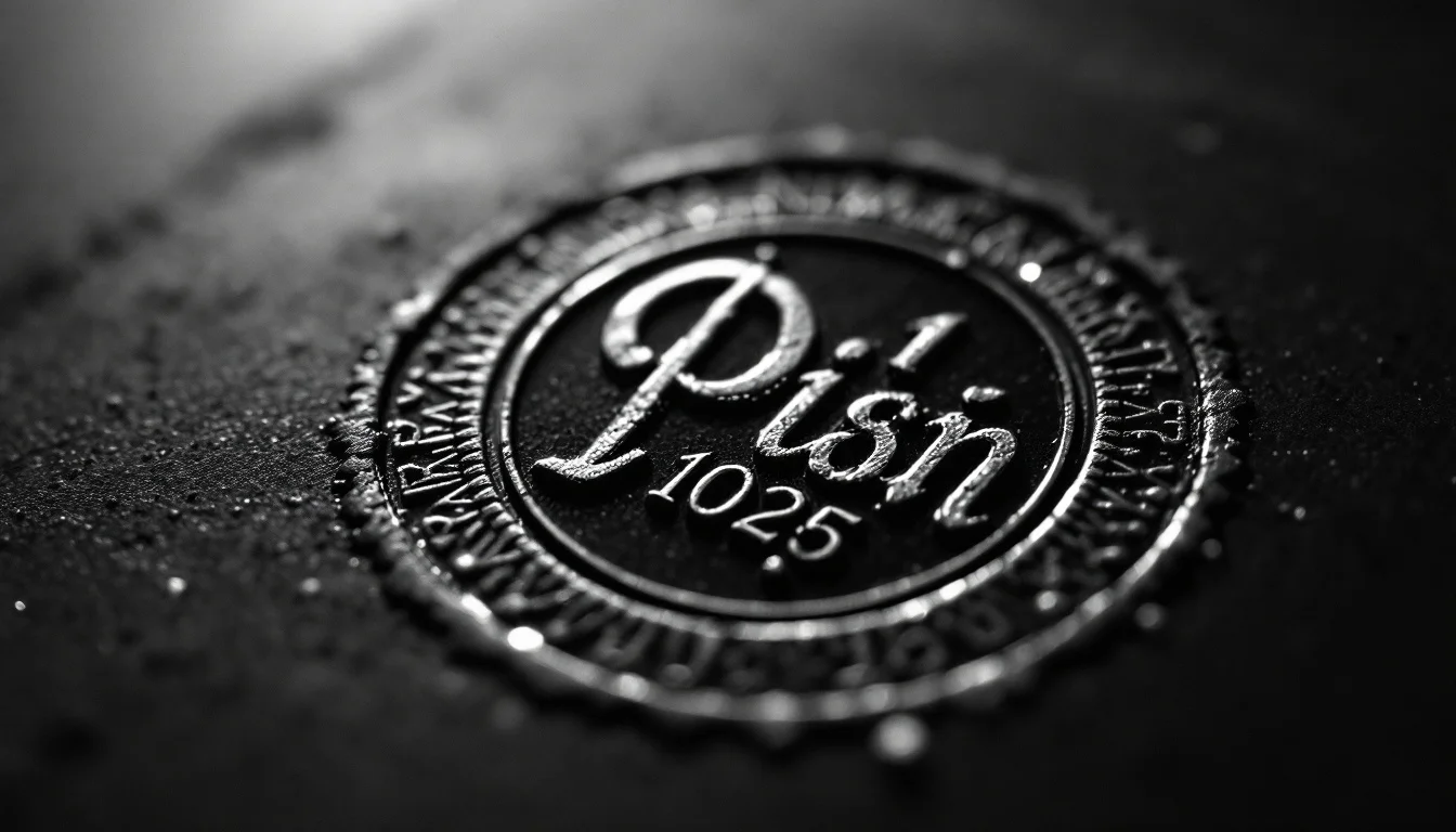 Editorial illustration: A close-up of a watermark or seal being pressed onto paper or a surface, with light catching the emb — MonstarX