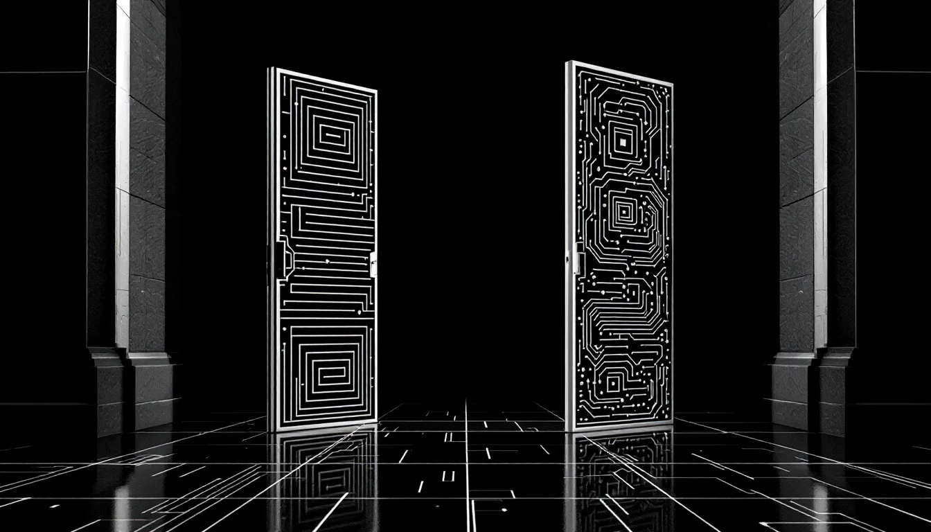 Editorial illustration: A pair of ornate gates or doors standing open, one bearing the geometric stripe pattern, the other a — MonstarX