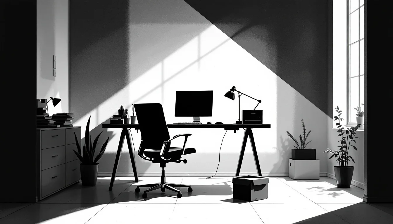 Editorial illustration: A desk workspace transitioning from active to empty—a chair pushed back, a computer terminal going d — MonstarX