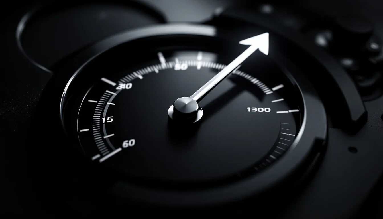 Editorial illustration: A sleek financial meter or gauge with its needle climbing sharply toward the upper right, rendered i — MonstarX