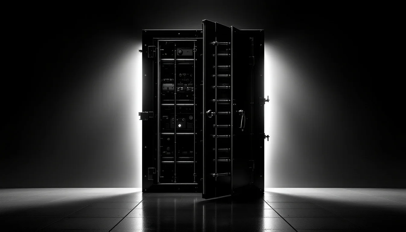 Editorial illustration: A reinforced vault door or security gate photographed head-on, partially ajar to reveal layers of pr — MonstarX