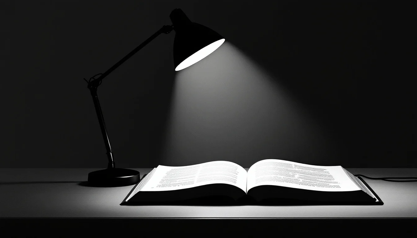 Editorial illustration: A desk lamp casting sharp light across an open textbook, with a magnifying glass positioned over a s — MonstarX