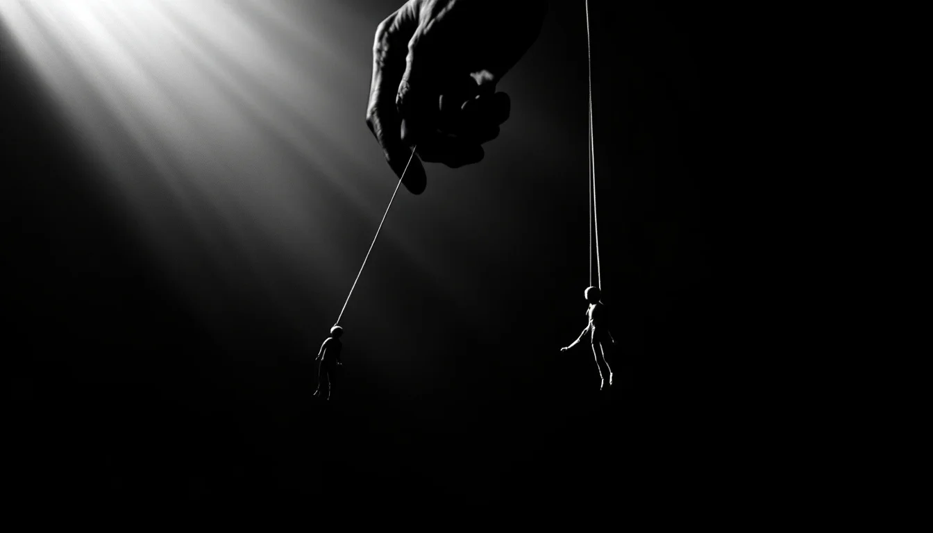 Editorial illustration: A pair of marionette strings extending downward into shadow, with one string taut and controlled whi — MonstarX