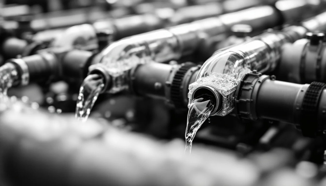Editorial illustration: A close-up of industrial cooling pipes and heat exchangers, with liquid flowing through transparent  — MonstarX