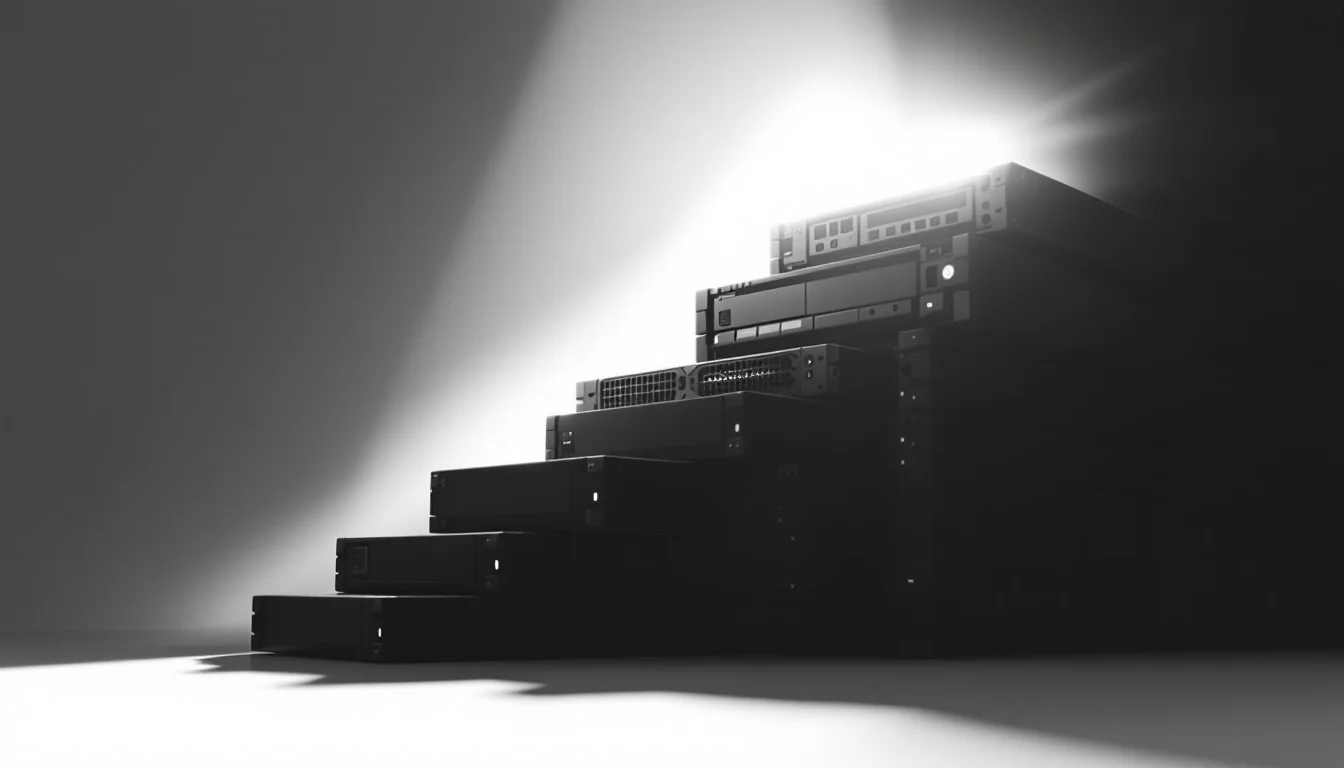 Editorial illustration: A stacked arrangement of data storage drives or server components arranged in ascending order, with  — MonstarX