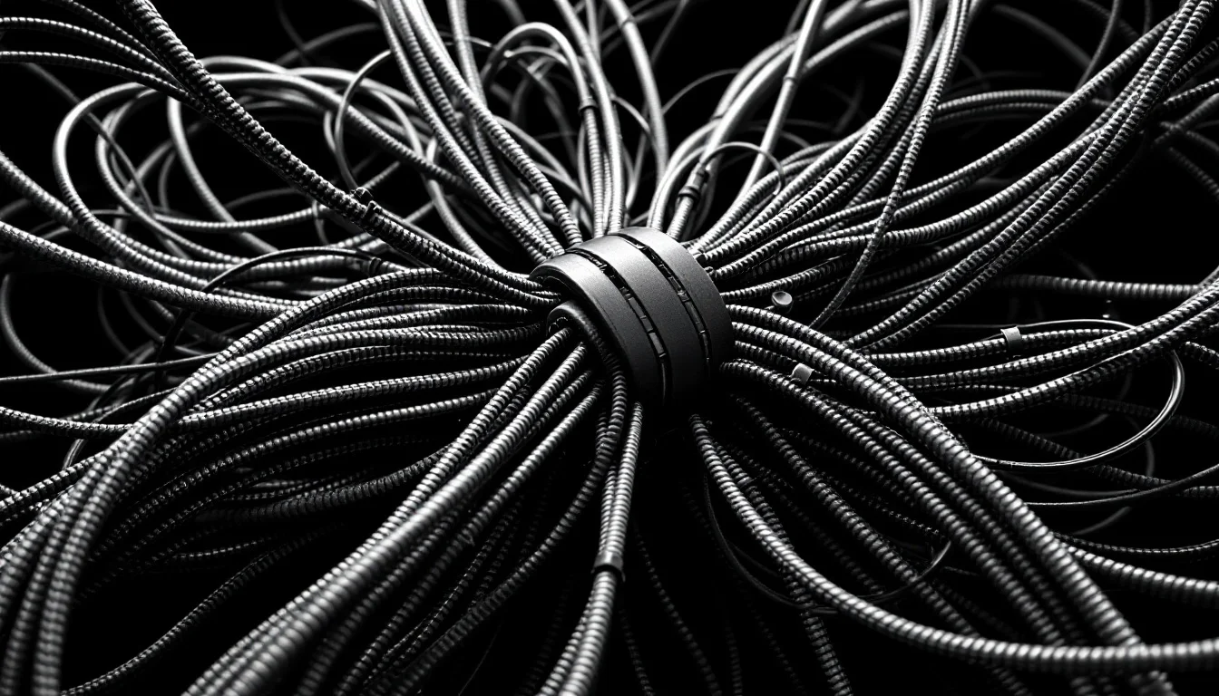 Editorial illustration: A complex system of interconnected cables, harnesses, and connectors bundled together, photographed  — MonstarX