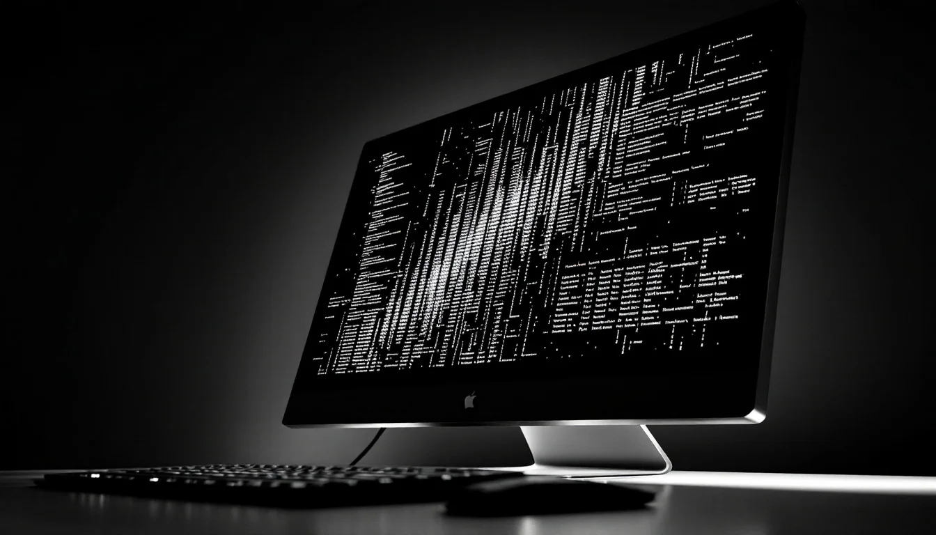 Editorial illustration: A close-up of a computer monitor screen glowing intensely in darkness, its display filled with dense — MonstarX