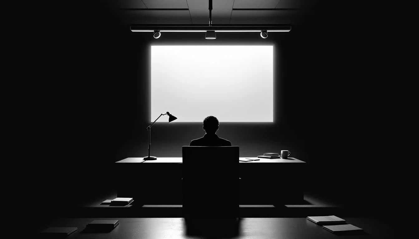 Editorial illustration: A stark lecture hall podium and empty seat facing a glowing monitor screen, where a digital figure m — MonstarX