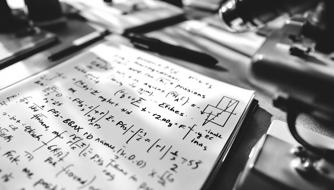 Editorial illustration: A laboratory notebook lying open on a desk, its pages filled with handwritten equations and diagrams — MonstarX
