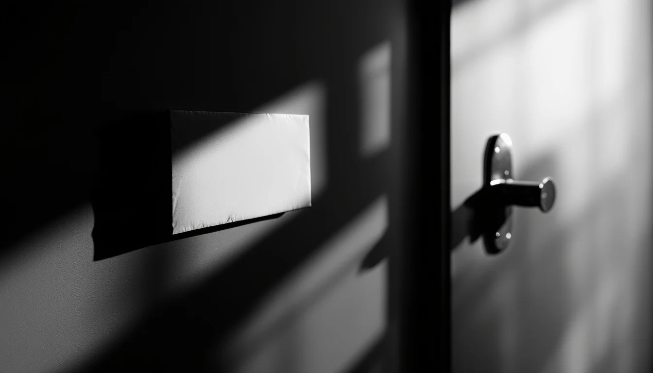 Editorial illustration: A closed laboratory door or sealed envelope caught in dramatic side-lighting, its surface unmarked a — MonstarX