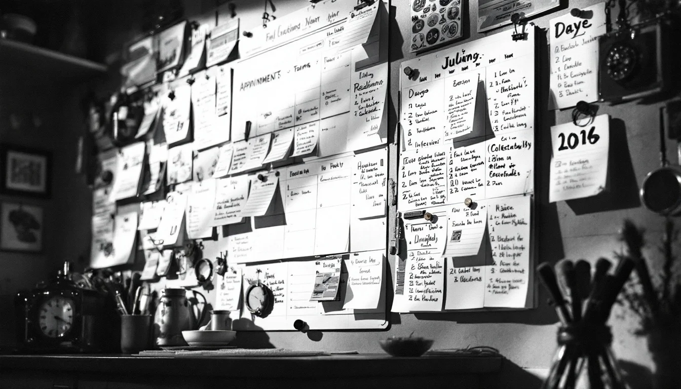 Editorial illustration: A kitchen wall calendar or household planning board with interconnected sections—appointments, tasks — MonstarX