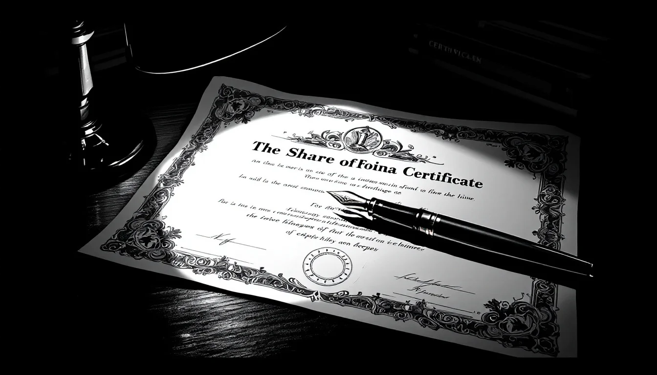 Editorial illustration: A stock certificate or share document lying on a desk, partially illuminated by a desk lamp, with a  — MonstarX