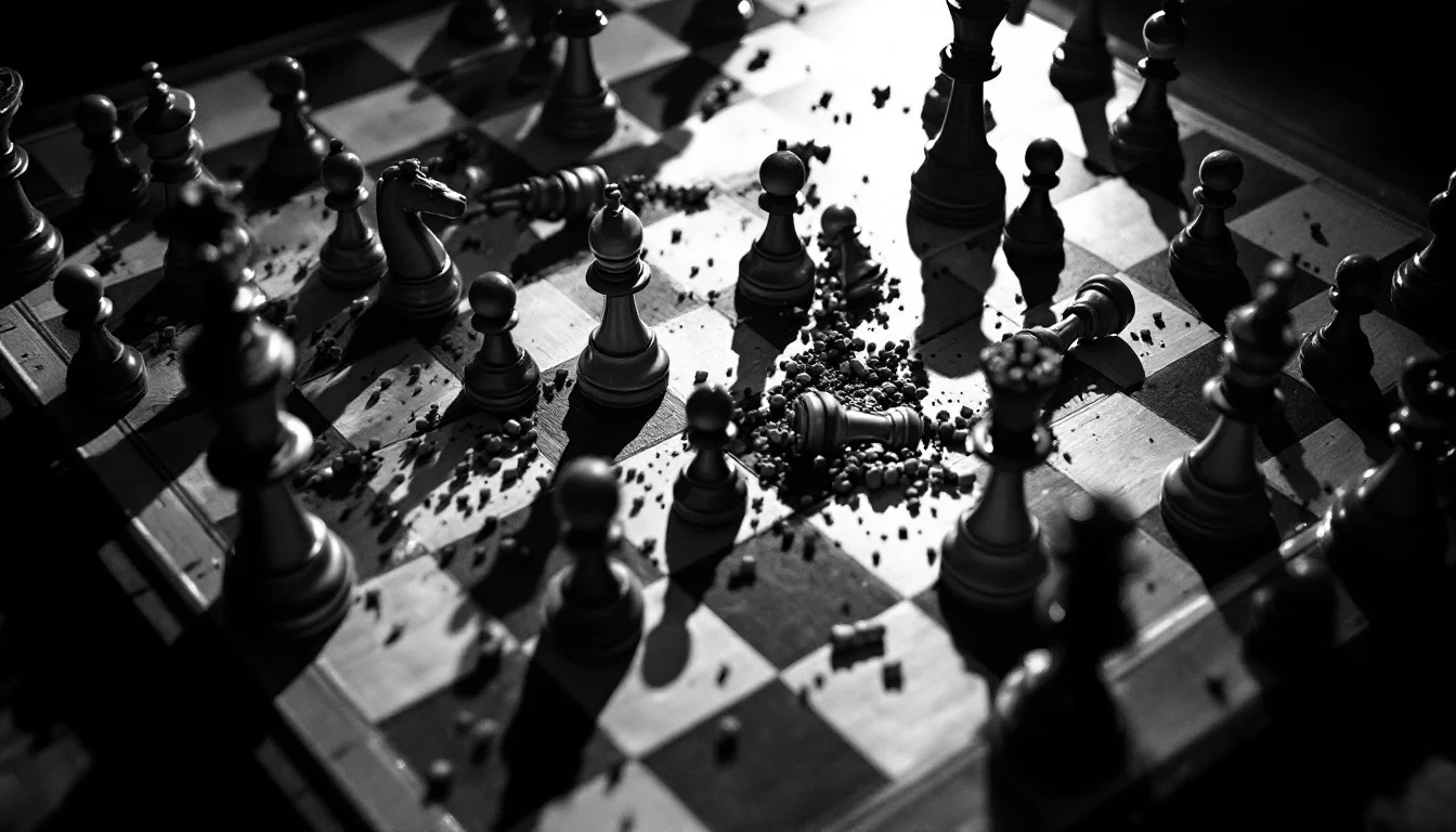 Editorial illustration: A high-angle view of a chess board mid-game, with pieces in disarray—some toppled, others frozen mid — MonstarX