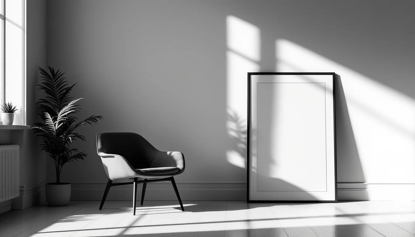 Editorial illustration: A minimalist interior corner bathed in soft, directional light—a single chair beside a bare wall, wi — MonstarX