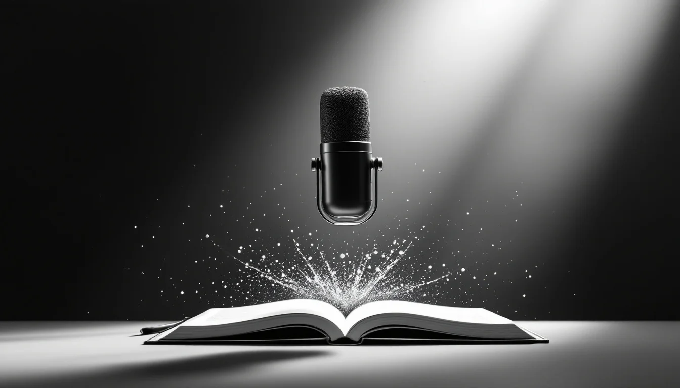 Editorial illustration: A microphone suspended in mid-air above an open notebook, with sound waves or vibrations emanating o — MonstarX