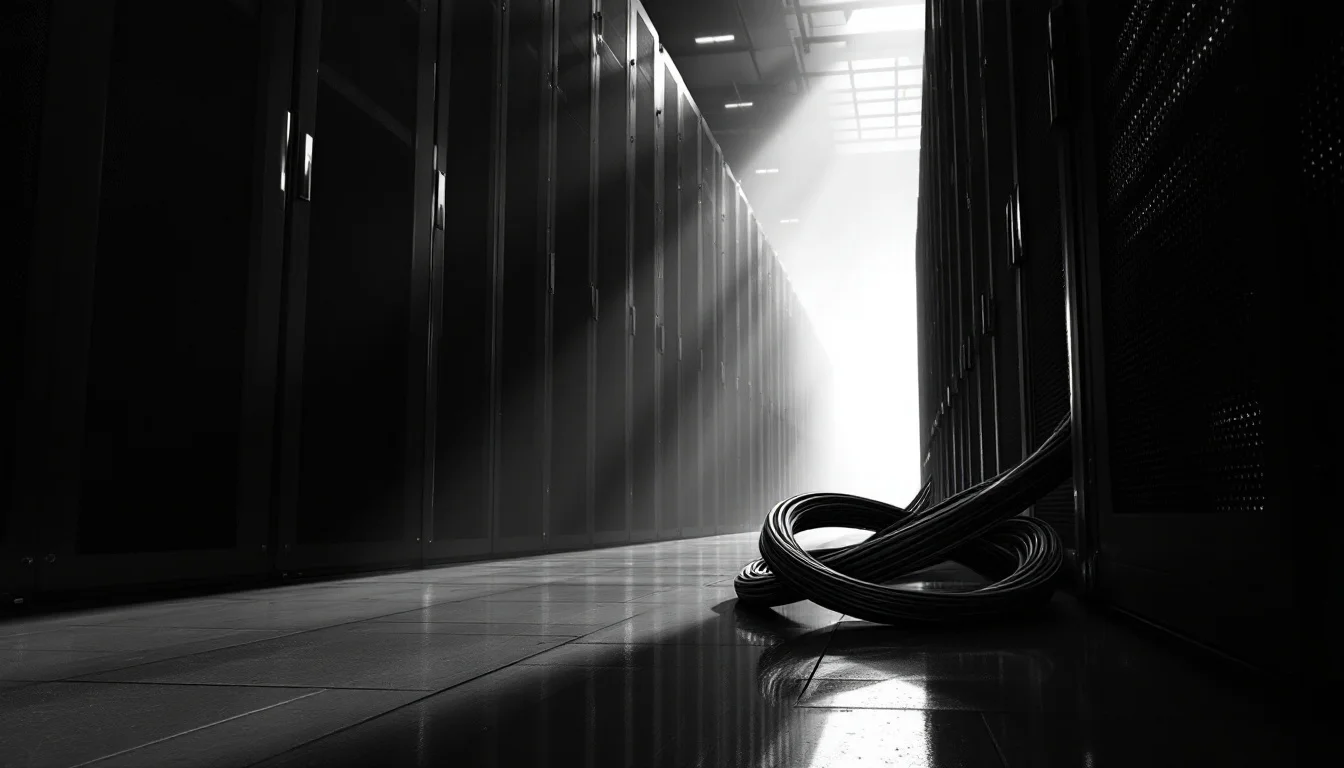 Editorial illustration: A massive server rack or data center corridor receding into deep shadow, with a single high-voltage  — MonstarX
