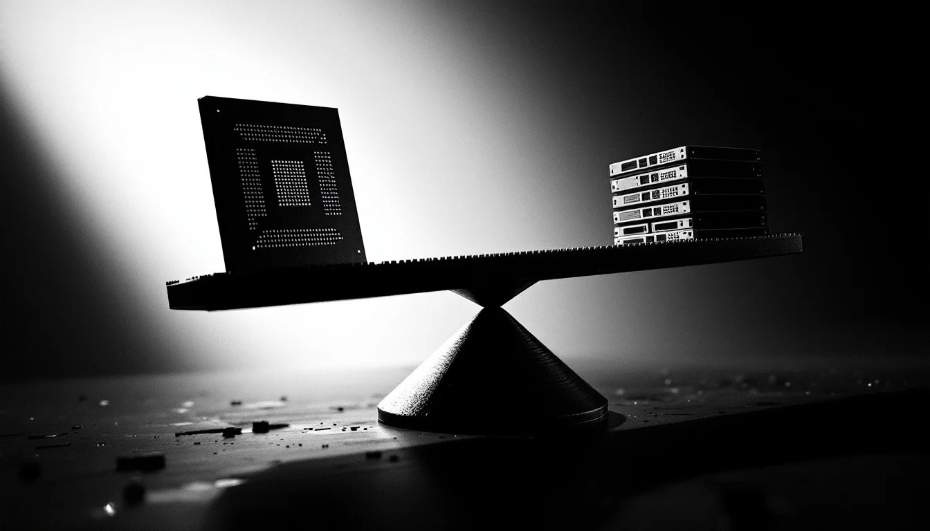 Editorial illustration: A high-precision scale or balance in dramatic side-lighting, with a microchip on one side and an ope — MonstarX