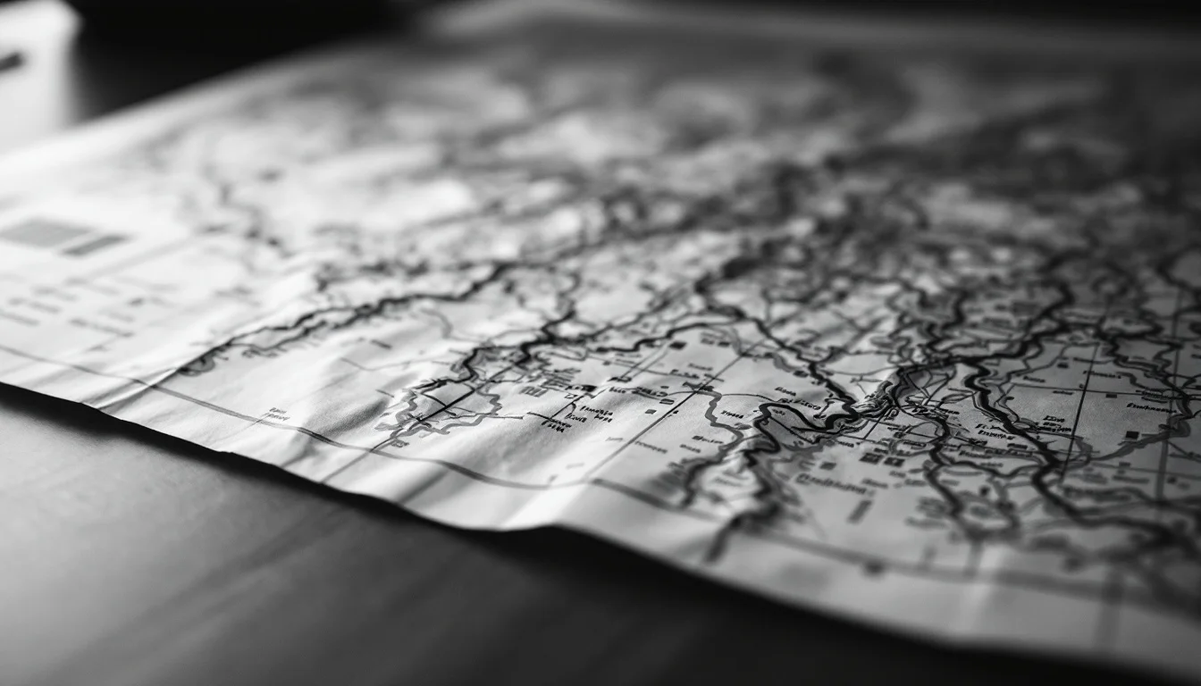 Editorial illustration: A close-up of a detailed paper map or travel itinerary laid flat on a desk, with a search interface  — MonstarX